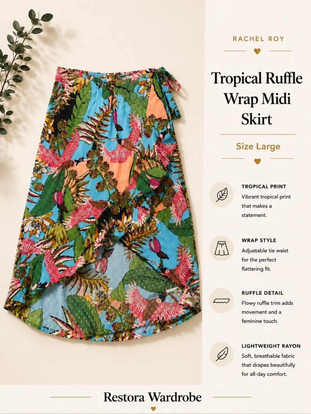 Rachel Roy Tropical Ruffle Wrap Midi Skirt L Rayon